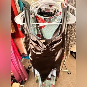 #86 PeachPuff Black Satin Bodysuit in Black Size Medium.